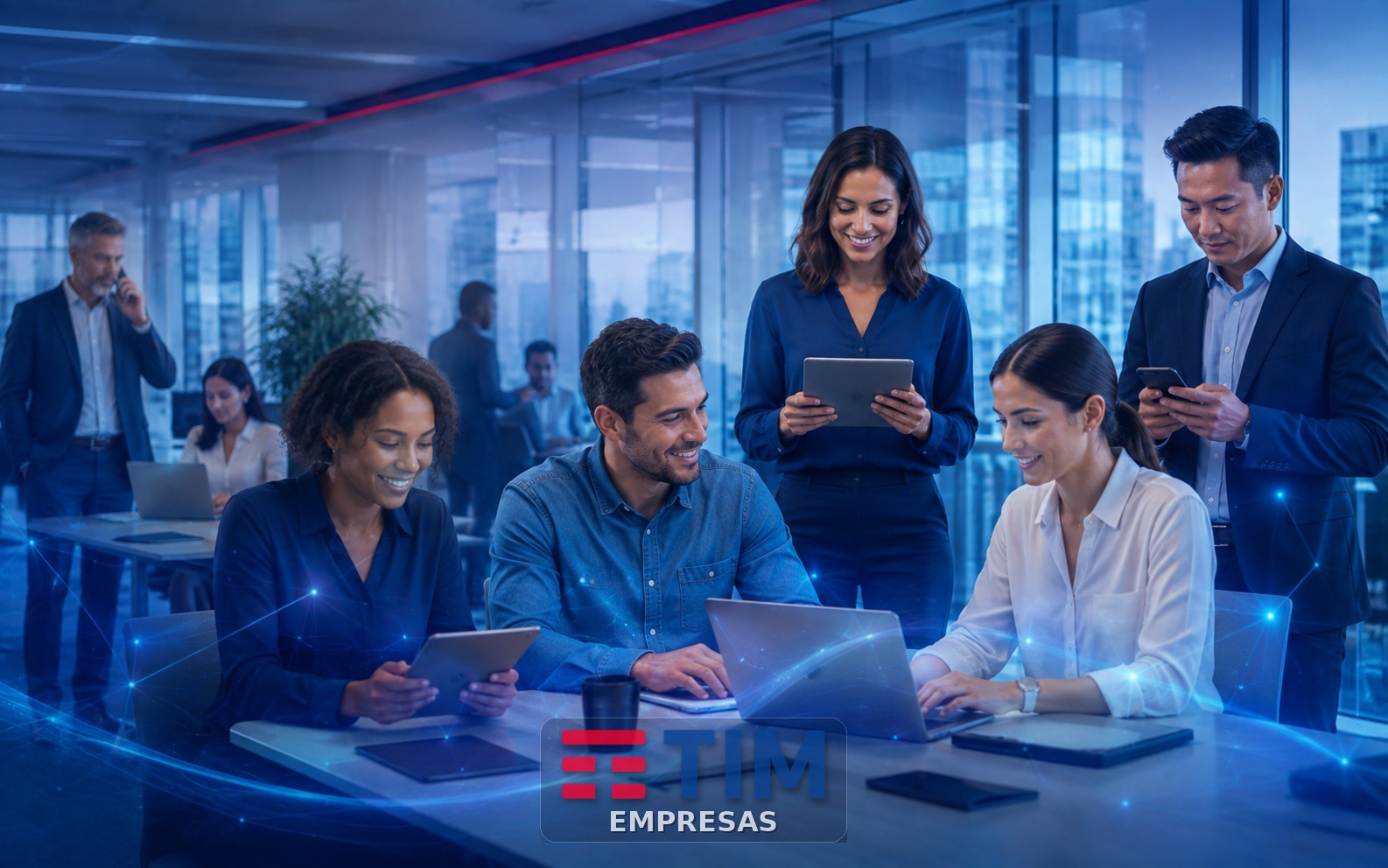 Equipes corporativas usando conectividade móvel no trabalho